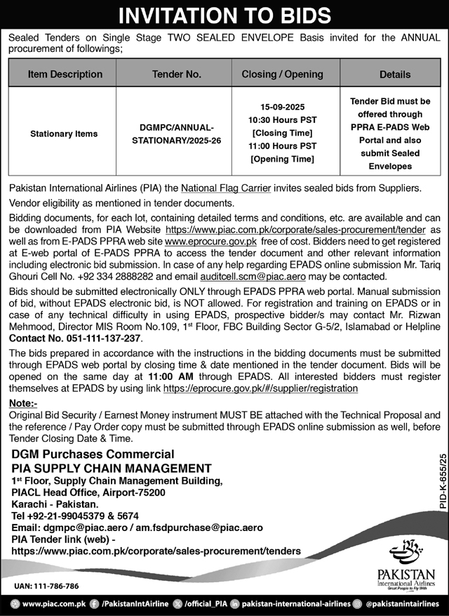 Pakistan International Airlines Tender Notice